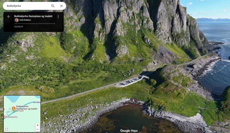 挪威安德岛(Andøya)西岸国家观光公路休息站名叫Bukkekjerka的公厕建筑,目前显示「暂停营业」。(撷取自Google Maps) 挪威安德岛(Andøya)西岸国家观光公路休息站名叫Bukkekjerka的公厕建筑,目前显示「暂停营业」。(撷取自Google Maps)