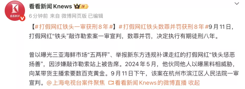 打假网红“铁头”敲诈勒索案一审宣判:有期徒刑八年